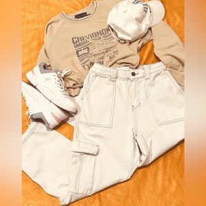 PacSun Cargo Pants Cream Color Elastic Waist Utility Relaxed Fit Streetwear